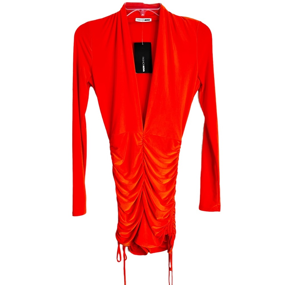 NWT Fashion Nova Deceiving Looks Ruched Romper Highlighter Orange Women’s Sz S - Picture 5 of 9